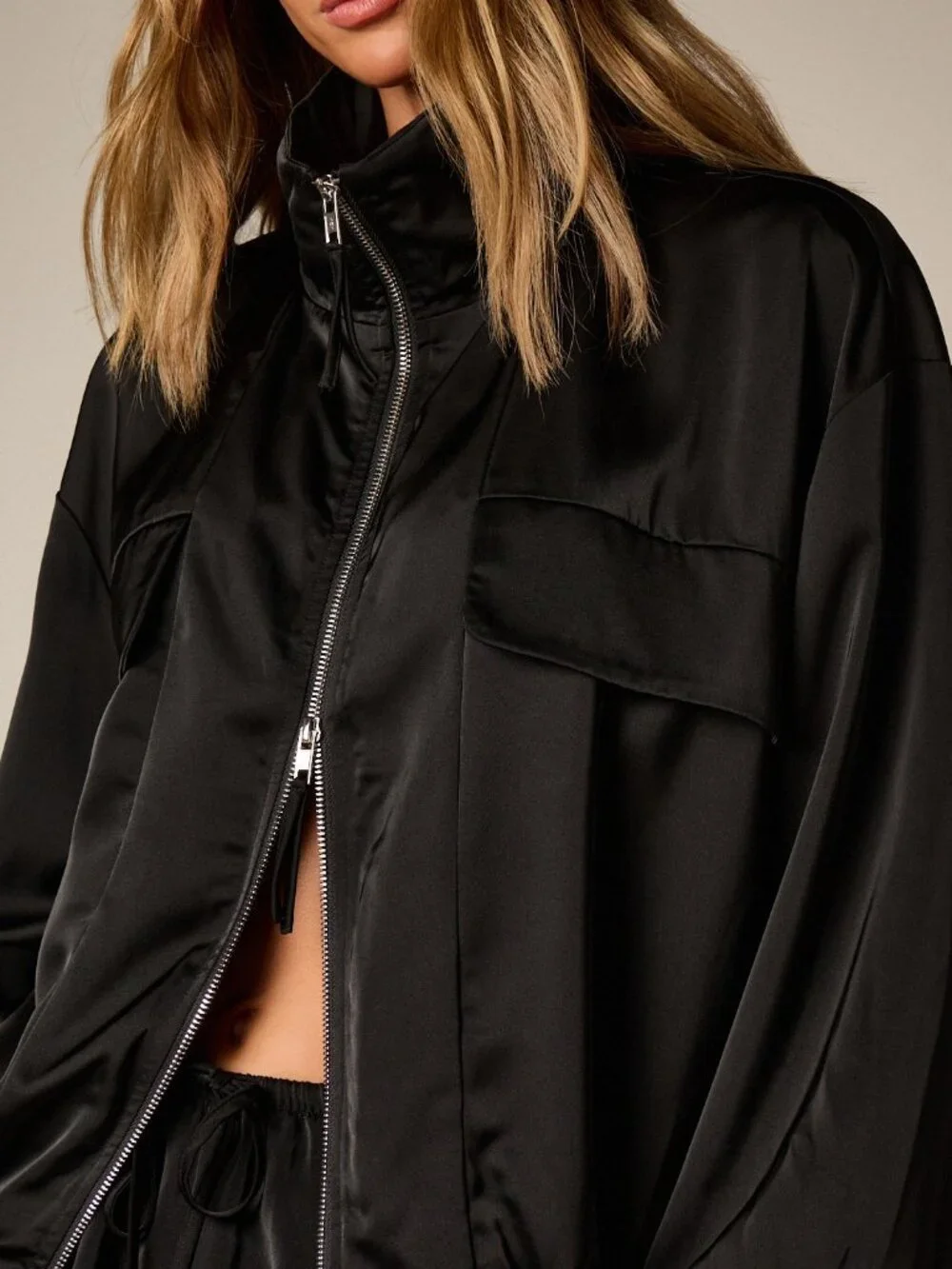 Black Casual Women's Oversized Bomber Jacket With Stand Collar